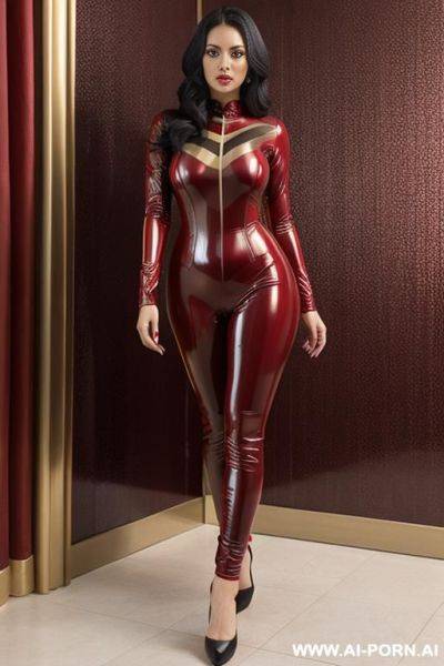 Dark red and gold latex catsuit (stripes print) - ai-porn.ai on pornintellect.com