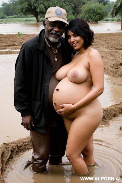 Smiling curvy busty egyptian wife with messy short hair fully naked hugged from old black homeless man in mud lake - ai-porn.ai - Egypt on pornintellect.com