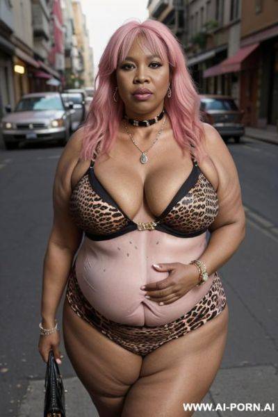 Old milf, animal print hooker outfit, straight pink hair, necklace, chocker, elry, street night, waist shot - ai-porn.ai on pornintellect.com