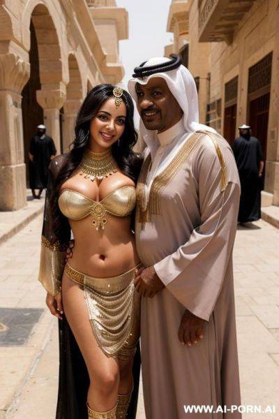 Smiling curvy busty egyptian brunette wife with messy short hair fully naked hugged from old homeless black man in street - ai-porn.ai - Egypt on pornintellect.com