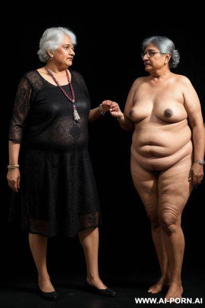 Two old chubby lesbian indian shemale grandmas with big long erect penis.they are wearing plain black wedding dresses with wrinkly hands and dark natural lips - ai-porn.ai - India on pornintellect.com