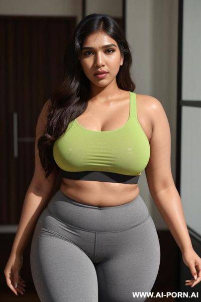 Bhumi pednekar wearing sexy yoga pants sweating, full body view with eye contact, detailed facial features, curvy features - ai-porn.ai on pornintellect.com