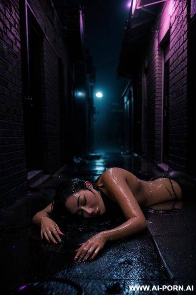 Nude woman, lying on the ground, in an alley, night, dark, neon lights, eyes closed, dirty, wet, fog - ai-porn.ai on pornintellect.com