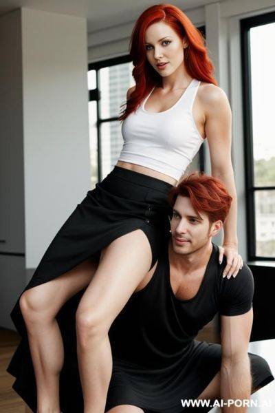 A hot woman with red hair in a white tank top and black skirt riding a man - ai-porn.ai on pornintellect.com