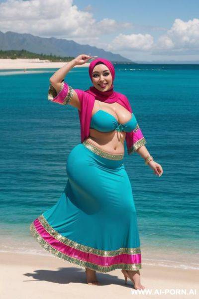 Smiling curvy russian brunette chubby wife wearing hijab and hula dance costume - ai-porn.ai - Russia on pornintellect.com