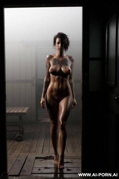 Nude woman, tattoos, standing in entry of old house, on porch, dark, night, dramatic lighting, outside, trailer park, wet, fog, dirty - ai-porn.ai on pornintellect.com