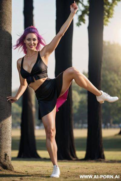 Dancing, black silk skirt,, half opened crop top ,show nipples through clothes, tits size 2. full body view, no bra, show tits, white stockings - ai-porn.ai on pornintellect.com