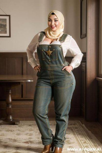 Smiling curvy russian brunette chubby wife wearing hijab fully naked wearing overalls - ai-porn.ai - Russia on pornintellect.com