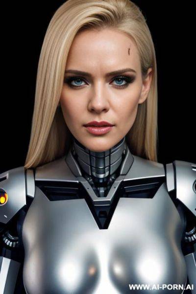 Busty blonde female terminator, damaged half robotic face - ai-porn.ai on pornintellect.com