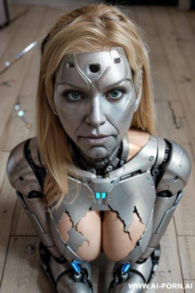 Busty blonde female terminator, (damaged half robotic face:1.3), lying on the floor - ai-porn.ai on pornintellect.com