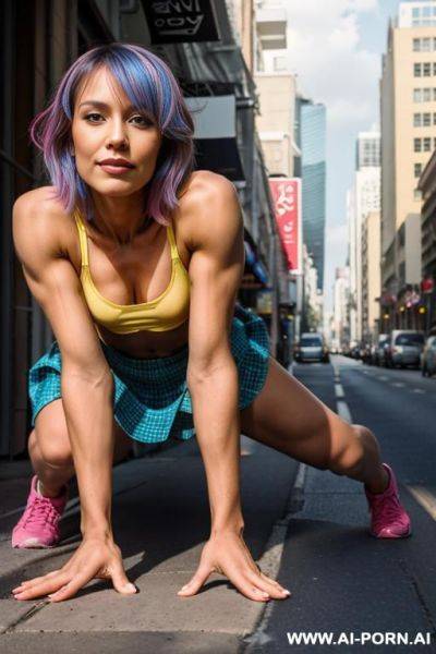 Make a woman with long hair with bangs, yellow streak, detective hat, orange skin, yellow eyes, being fucked gy style - ai-porn.ai on pornintellect.com