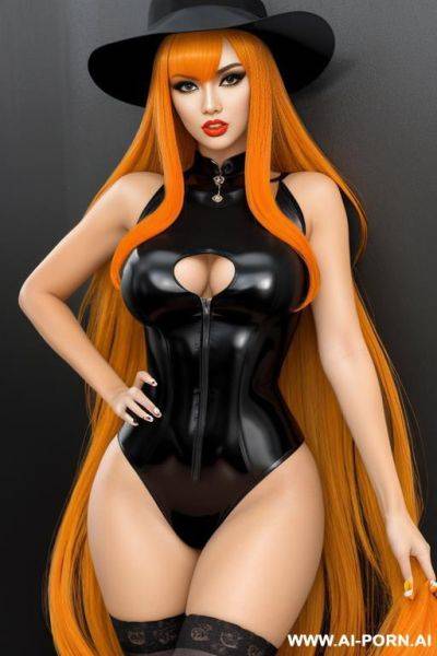 Make a cartoon woman with a orange long hair with bangs, yellow streak, brown detective hat, really orange skin, black cartoon yes, being fucked in gy style - ai-porn.ai on pornintellect.com