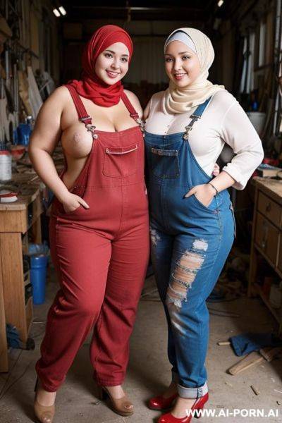 Two lesbians smiling curvy russian chubby fully naked wearing hijab wearing red overalls in messy workshop - ai-porn.ai - Russia on pornintellect.com