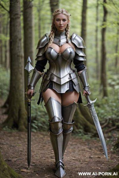 Rior girl (elven rior girl), steel armor with spikes, sword with large handle and massive large blade - ai-porn.ai on pornintellect.com