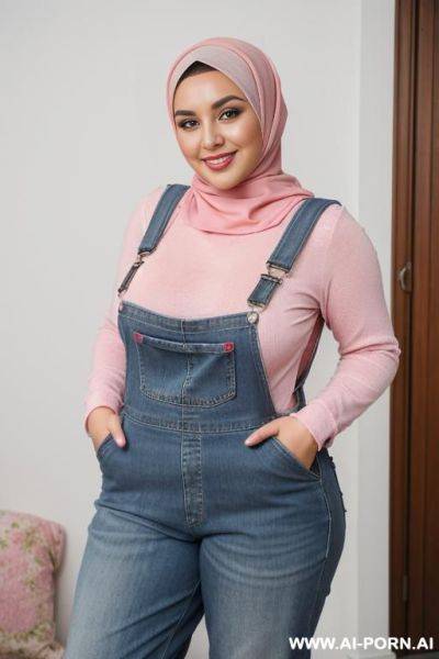 Smiling curvy russian brunette chubby wife fully naked wearing hijab wearing pink overalls - ai-porn.ai - Russia on pornintellect.com
