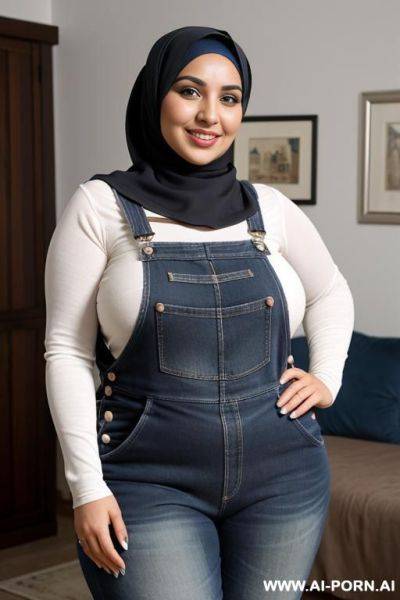 Smiling curvy egyptian brunette chubby wife wearing hijab fully naked wearing dark blue overalls - ai-porn.ai - Egypt on pornintellect.com