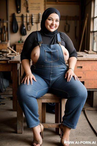 Smiling curvy russian brunette chubby wife wearing hijab fully naked wearing black overalls sitting on the lap of old african man in workshop - ai-porn.ai - Russia on pornintellect.com
