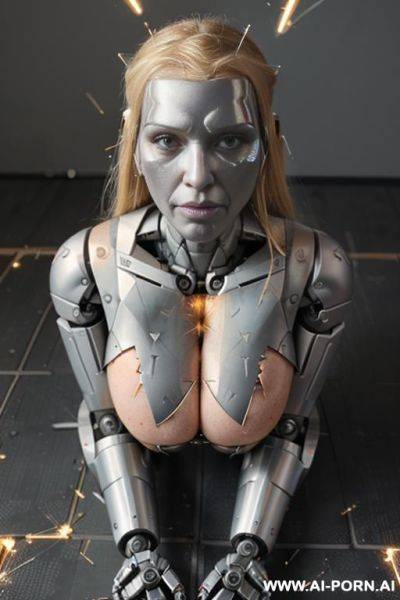 Busty blonde female terminator, (damaged half robotic face, sparks from damaged chest:1.3), lying on the floor, spreading legs - ai-porn.ai on pornintellect.com