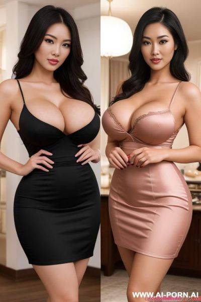 Two beautiful asian milfs, two models, two house wifes, ((buxom bimbo))), pretty face, perfectly symmetrical facial features, firm round boobs, hourglass figure, wide hips, tapered waist, sexy and - ai-porn.ai on pornintellect.com