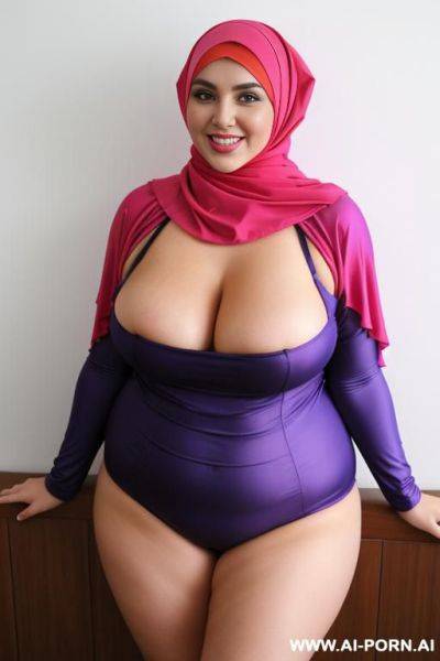 Smiling curvy russian brunette chubby wife wearing hijab and colored monkini - ai-porn.ai - Russia on pornintellect.com