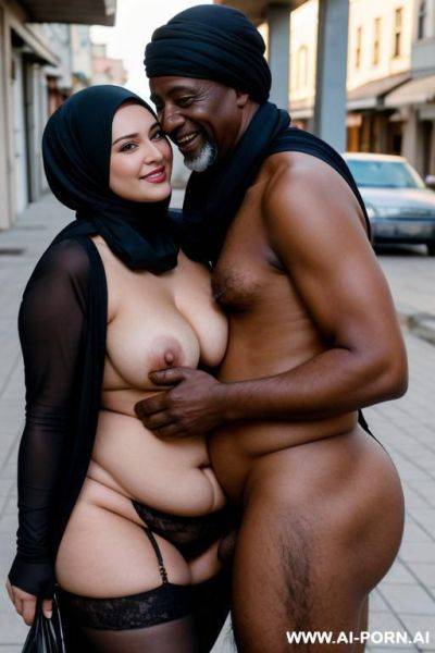 Smiling curvy russian brunette chubby wife fully naked wearing hijab hugged from old african homeless man - ai-porn.ai - Russia on pornintellect.com