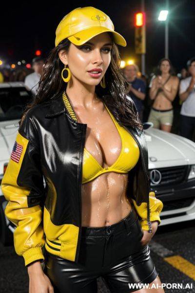 Completely wet hair brunette cotton pants tight shorts low rise perfect ass jacket rider leather oversized tits cleavage yellow baseball cap white brunette completely dripping wet hair wet skin in - ai-porn.ai on pornintellect.com