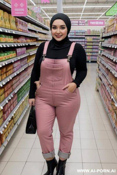 Smiling curvy russian brunette chubby wife fully naked wearing hijab and pink and black overalls standing in supermarket - ai-porn.ai - Russia on pornintellect.com