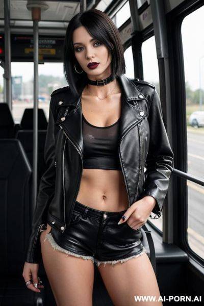 Black leather jacket, thong, piercings, black lipstick, choker, tanktop. - ai-porn.ai on pornintellect.com