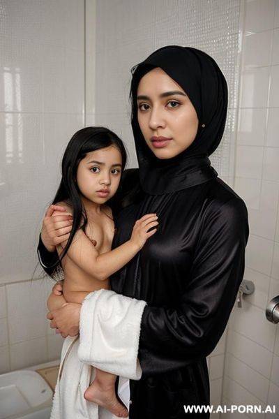 Hijab wearing, nerdy, modest, prude, holding completely naked niece in arms - ai-porn.ai on pornintellect.com