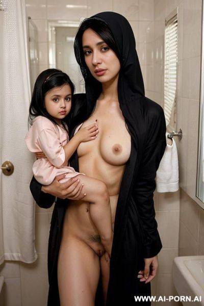 Hijab wearing, nerdy, prude, holding two completely naked nieces in arms - ai-porn.ai on pornintellect.com