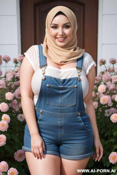 Smiling curvy russian brunette chubby wife fully naked wearing hijab and flowers overalls - ai-porn.ai - Russia on pornintellect.com