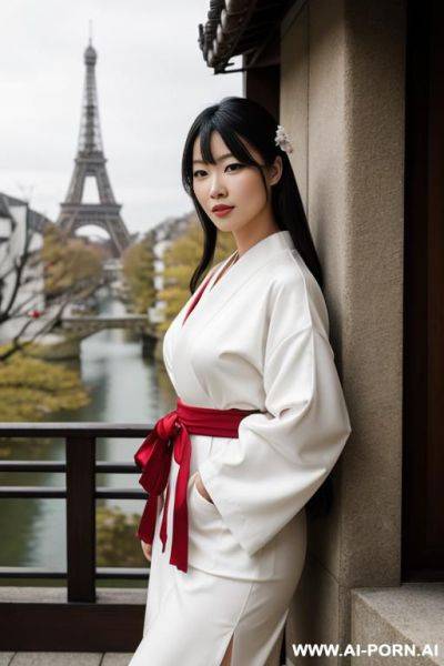 A realistic full portrait image of an 1 european woman in a cite revealing japaneese woman outfit. - ai-porn.ai on pornintellect.com