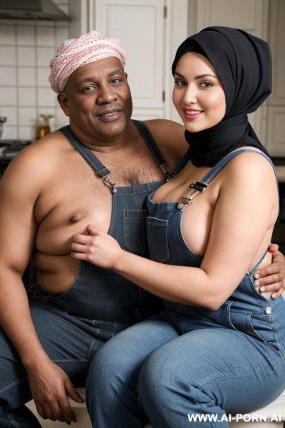 Smiling curvy russian brunette chubby wife fully naked wearing hijab and dirty overalls sitting on the lap of old black man - ai-porn.ai - Russia on pornintellect.com