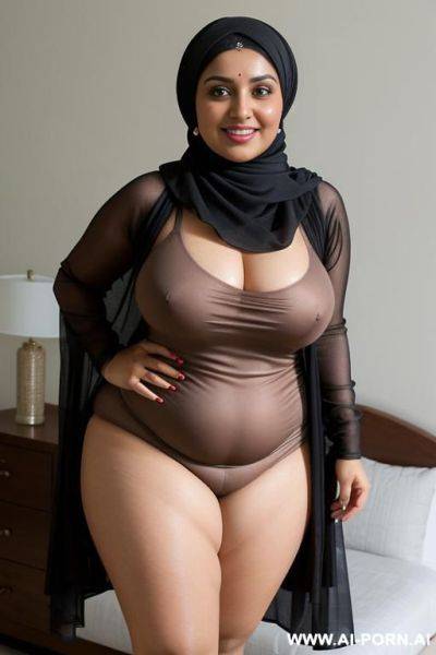Smiling curvy punjabi brunette chubby wife fully naked wearing hijab and overall - ai-porn.ai on pornintellect.com