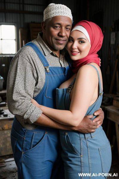 Smiling curvy russian brunette chubby wife fully naked wearing hijab and colored dirty overall hugging old black man in workshop - ai-porn.ai - Russia on pornintellect.com