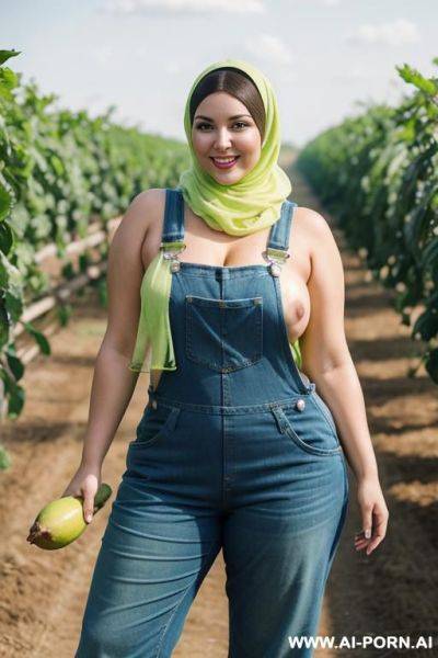Smiling curvy russian brunette chubby wife topless wearing colored hijab and dirty lime green overalls in farm - ai-porn.ai - Russia on pornintellect.com