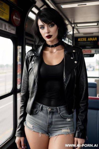 Black leather jacket, thong, piercings, black lipstick, choker, tanktop. - ai-porn.ai on pornintellect.com
