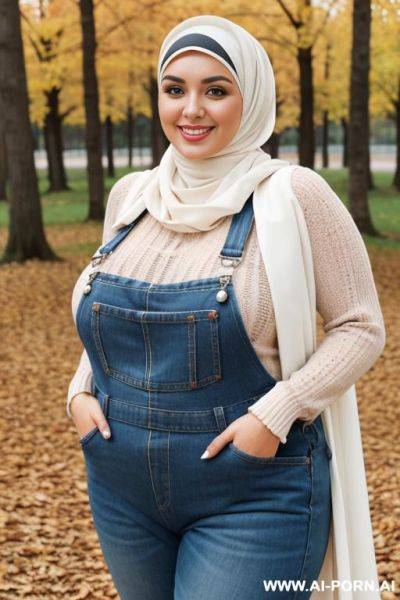 Smiling curvy russian brunette chubby wife fully naked wearing hijab and overalls in autumn seaman - ai-porn.ai - Russia on pornintellect.com