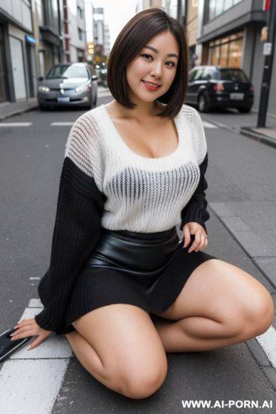 Sit on the ground, leg spread, sweater, short skirt, white panties, wide thighs, thick thighs, very wide thighs, very thick thighs - ai-porn.ai on pornintellect.com