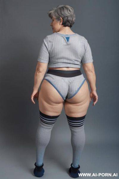 (((back view))), (((0 year old chubby grandmother))), (((short gray hair))), (((very visible age marks))), (((triangle hips))), (((thick thighs))), (((blue t-shirt with black vertical stripes))), (((blue - ai-porn.ai on pornintellect.com