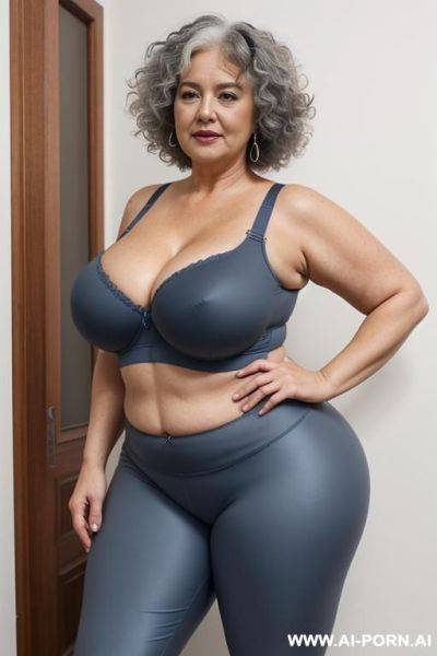 Chubby grandma, 0 years old, full body, standing, obvious age marks, triangle hips, thick thighs, wearing blue leggings and bra - ai-porn.ai on pornintellect.com