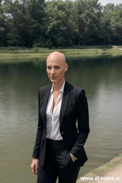 One man in business suit, banks of a lake, no beard, short hair, almost bald - ai-porn.ai on pornintellect.com
