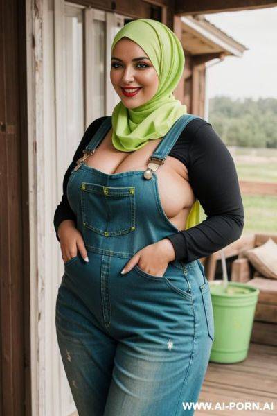 Smiling curvy russian brunette chubby wife topless wearing colored hijab and dirty lime green overalls with caw - ai-porn.ai - Russia on pornintellect.com