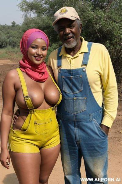 Smiling curvy russian brunette chubby wife topless wearing colored hijab and dirty yellow overall standing with old african man beside cow - ai-porn.ai - Russia on pornintellect.com