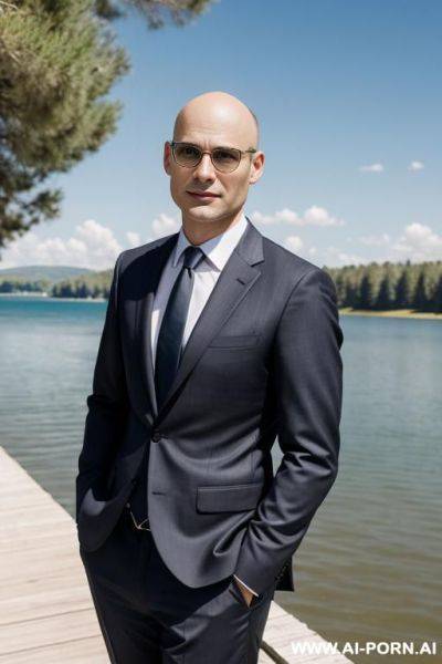 One man in business suit without tie, no beard, lighnearly bald, near a lake in the sun - ai-porn.ai on pornintellect.com