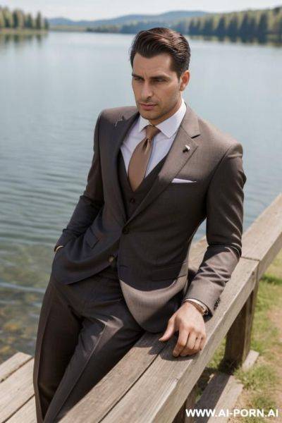 One man in business suit without tie, no beard, light brown chaplet, near a lake in the sun - ai-porn.ai on pornintellect.com