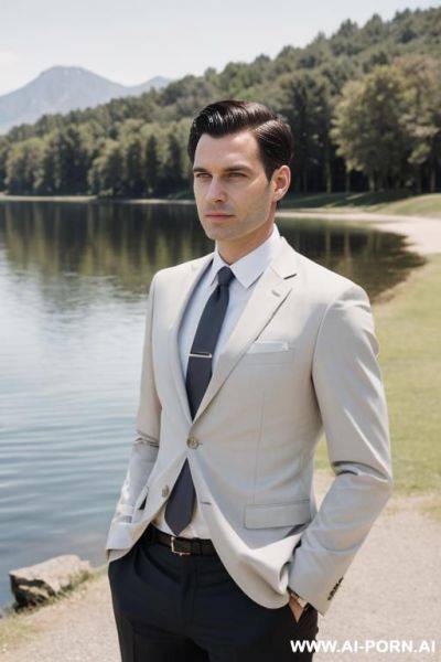 One man in business suit without tie, no beard, short hair, near a lake in the sun - ai-porn.ai on pornintellect.com