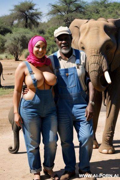 Smiling curvy russian brunette chubby wife topless wearing colored hijab and dirty overall standing with old african man beside elephant - ai-porn.ai - Russia on pornintellect.com