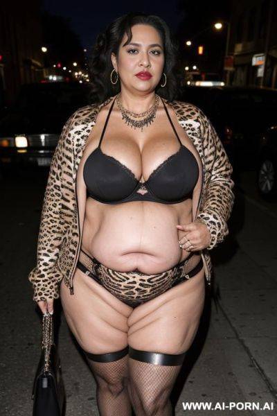 Latina, fat old milf, animal print hooker outfit, lovehandless, soft medium tummy, huge saggy boobs, crop jacket, necklace, chocker, elries, street night, waist shot - ai-porn.ai on pornintellect.com