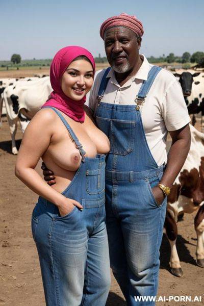 Smiling curvy russian brunette chubby wife topless wearing colored hijab and dirty overall standing with old african man beside cows - ai-porn.ai - Russia on pornintellect.com